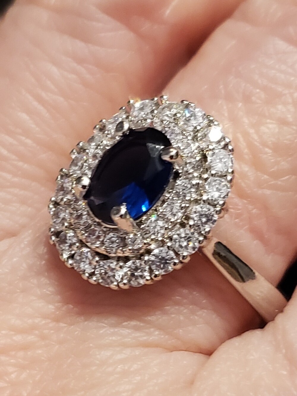 NEW Princess Diana Sapphire (Fashion) Ring  8, Lg Oval Created Gem, Double Halo